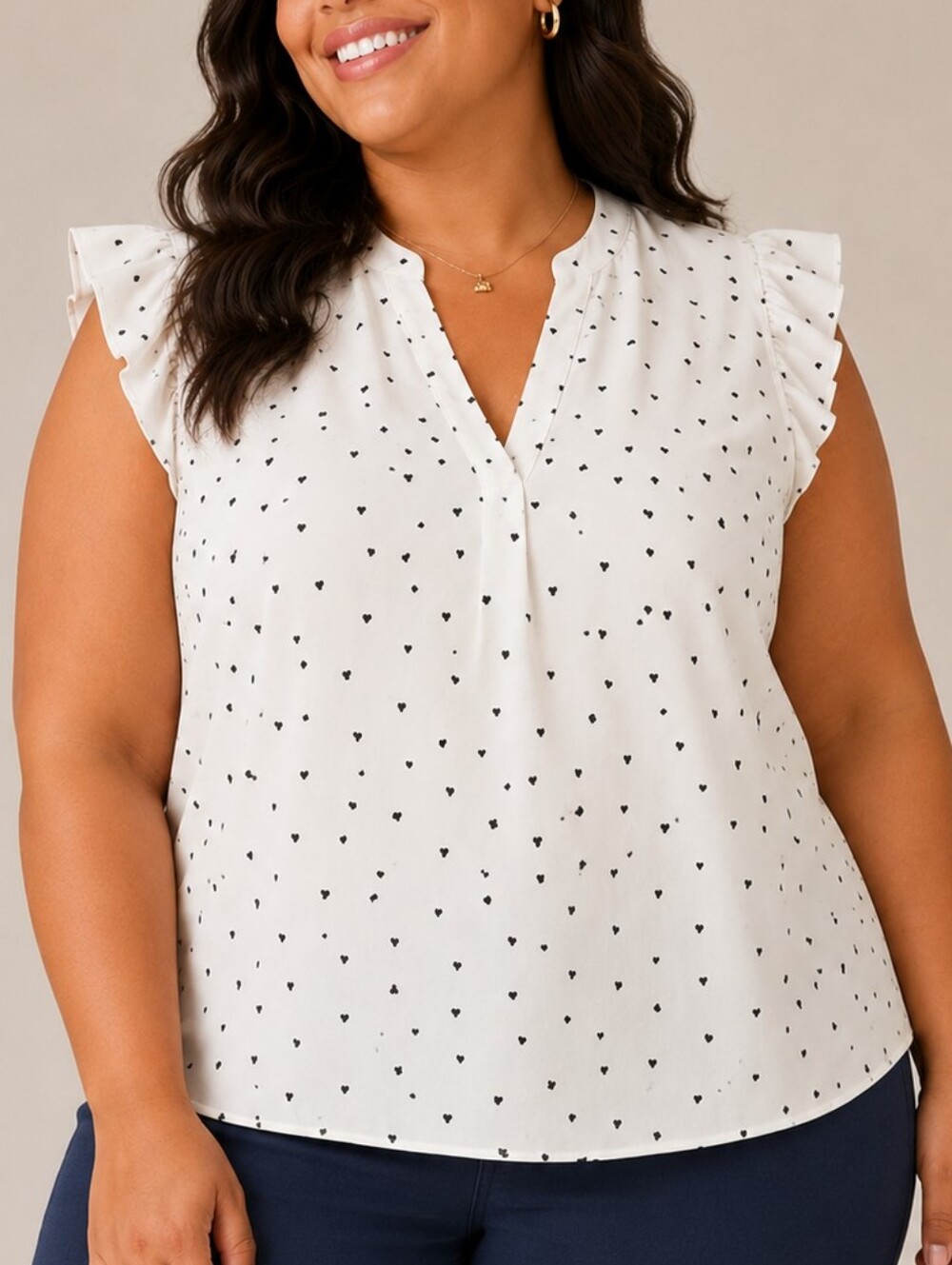 White Heart Print Ruffle V-Neck Sleeveless Blouse Curve Women Size 4XL Romantic